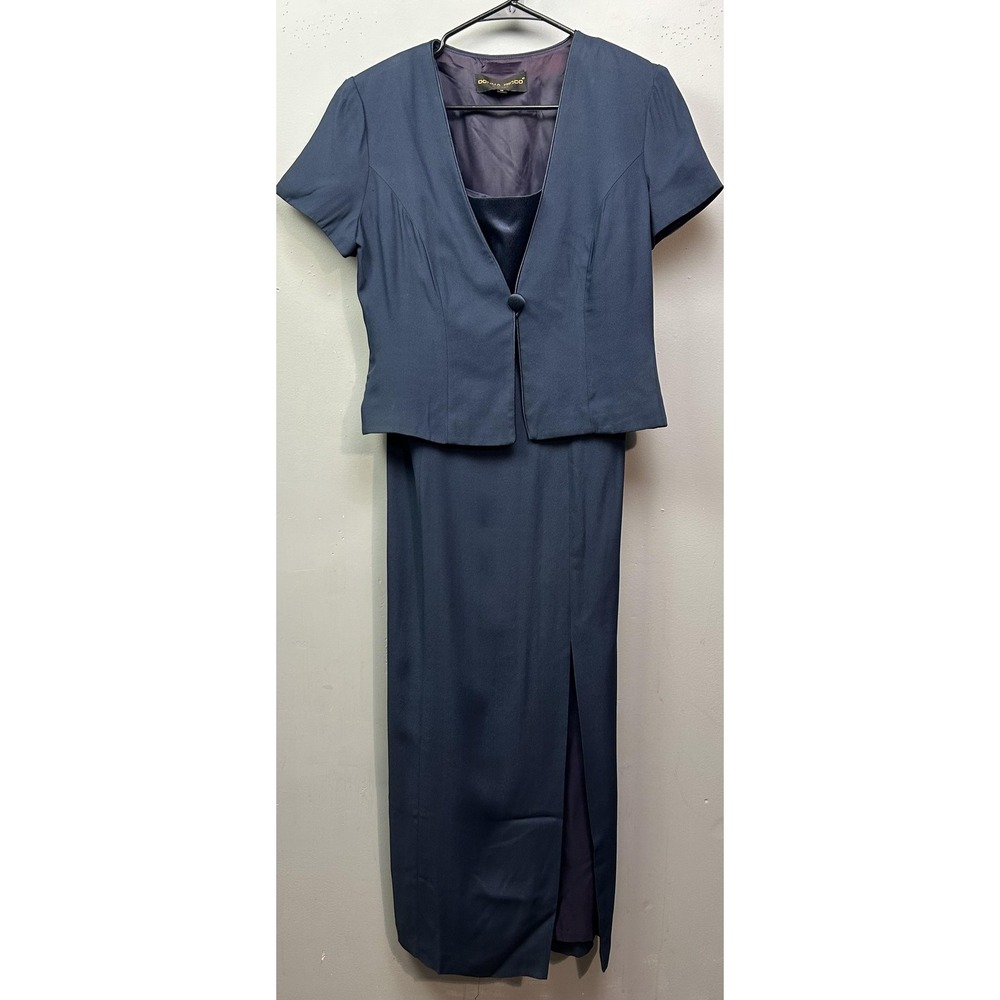 Donna Ricco Dress Womens 10 Navy 2 Piece Bolero Jacket Sheath Maxi‎ Made USA